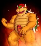  2022 5_fingers animal_genitalia anthro anus bowser censor_bar censored claws collar erection fingers fire front_view genital_slit genitals hair hi_res horn humanoid_genitalia humanoid_penis male mario_bros nintendo norubahu nude open_mouth penis red_eyes red_hair slit solo spiked_collar spikes video_games 