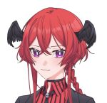  1girl 3di_project bangs braid choker closed_mouth collared_shirt feathered_wings hair_between_eyes purple_eyes red_hair rigu_(3di) rigu_(3di)_(character) self-portrait shirt sidelocks skull solo upper_body white_background wings 