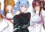  3girls adjusting_eyewear arms_behind_head ayanami_rei black_bodysuit blue_eyes blue_hair blush bodysuit breasts brown_hair covered_navel cowboy_shot evangelion:_3.0+1.0_thrice_upon_a_time eyepatch facing_to_the_side from_side green_eyes hair_between_eyes hairband interface_headset large_breasts looking_at_viewer makinami_mari_illustrious medium_breasts multiple_girls neon_genesis_evangelion parted_lips pink_bodysuit plugsuit rebuild_of_evangelion red-framed_eyewear red_eyes riteral semi-rimless_eyewear solo souryuu_asuka_langley twintails under-rim_eyewear upper_body white_background white_bodysuit 