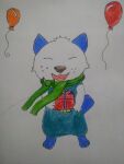  absurd_res ambiguous_gender balloon colored_pencil_(artwork) crazy_doubloon eyes_closed freckles fur gift hi_res inflatable nintendo oshawott pok&eacute;mon pok&eacute;mon_(species) scarf simple_background smile traditional_media_(artwork) video_games white_body white_fur 