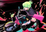  1boy 302 alternate_hairstyle anime_coloring black_gloves fire gloves green_hair ground_vehicle hair_up half_gloves highres jacket jewelry leather leather_jacket lio_fotia male_focus motor_vehicle motorcycle promare purple_eyes ring short_ponytail solo wedding_band 