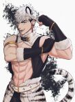  1boy abs animal_ears armband artist_name bara belt blackkdogg blue_eyes gauntlets highres looking_at_viewer male_focus muscular muscular_male original pants pectorals smile tail tiger_boy tiger_ears tiger_tail topless_male tusks 