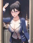  1girl arm_up black_hair blazer blue_eyes blue_jacket breasts button_gap cleavage collarbone collared_shirt cowboy_shot earrings fire_emblem glasses highres jacket jewelry keenh large_breasts long_hair long_sleeves looking_at_viewer mole mole_under_eye necklace open_clothes open_jacket open_mouth over-rim_eyewear ponytail red-framed_eyewear semi-rimless_eyewear shimazaki_maiko shirt solo tokyo_mirage_sessions_fe wet wet_clothes wet_shirt white_shirt 
