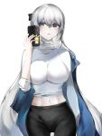  1girl absurdres bangs black_pants breasts bronya_zaychik bronya_zaychik_(silverwing:_n-ex) cellphone character_request chinese_commentary commentary_request copyright_request cowboy_shot grey_eyes hair_between_eyes hand_up highres holding holding_phone honkai_(series) honkai_impact_3rd kailu_(kyshiro) large_breasts long_hair looking_at_viewer midriff navel pants parted_lips phone silver_hair simple_background smartphone solo standing sweater turtleneck turtleneck_sweater very_long_hair white_background white_sweater 