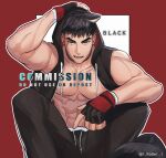  1boy abs animal_ears artist_name bara bare_pectorals black_hair blackkdogg commission gloves highres jacket large_pectorals looking_at_viewer male_focus muscular muscular_male original pants pectoral_cleavage pectorals red_eyes scar tail tiger_boy tiger_ears tiger_tail 