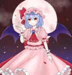  1girl ascot back_bow bangs bat_wings belt blue_hair blush bow closed_mouth cloud cloudy_sky collared_dress commentary_request dress eyebrows_visible_through_hair frills gem hair_between_eyes hand_up hat hat_ribbon highres jewelry looking_at_viewer mob_cap moon night night_sky petals pink_dress pink_headwear piyoru_nico puffy_short_sleeves puffy_sleeves red_ascot red_belt red_bow red_eyes red_ribbon remilia_scarlet ribbon short_hair short_sleeves sky smile solo standing star_(sky) touhou wings wrist_cuffs 