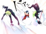  302 3boys blue_eyes blue_hair clone fighting_stance galo_thymos green_hair highres holding holding_polearm holding_weapon jumping katana lio_fotia male_focus multiple_boys polearm promare purple_eyes sidecut spiked_hair sword topless_male weapon 