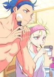  2boys 302 black_gloves blue_eyes blue_hair brushing_teeth galo_thymos gloves green_hair hair_up hairband highres lio_fotia male_focus multiple_boys promare purple_eyes razor shaving shaving_cream short_ponytail soap_dispenser spiked_hair toothpaste topless_male 