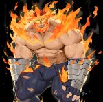  bara black_background black_gloves bodysuit boku_no_hero_academia bulge dated_commentary endeavor_(boku_no_hero_academia) facial_hair fingerless_gloves fire gloves gomtang large_pectorals looking_at_viewer male_focus mature_male muscular muscular_male nipples pectorals red_hair short_hair sideburns solo spiked_hair teeth topless_male torn_bodysuit torn_clothes 