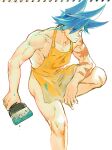  1boy 302 apron biceps blue_eyes blue_hair eyes_visible_through_hair galo_thymos highres male_focus muscular muscular_male naked_apron paintbrush promare scar scar_on_arm sidecut solo spiked_hair 