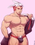  1boy abs animal_ears artist_name bara facial_hair gloves highres jacket jewelry jockstrap large_pectorals looking_at_viewer male_focus male_underwear mature_male muscular muscular_male navel necklace nipples original pectoral_cleavage pectorals rabbit_ears red_hair terraxle underwear white_hair 
