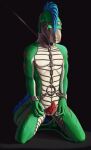  2020 anthro bdsm blood blood_on_arm blood_on_leg blood_on_tail blue_body blue_feathers bodily_fluids bondage bound chain claws collar cuff_(restraint) erection feathers genitals green_body green_scales hi_res kneeling lizard looking_down male mitokep muzzle_(object) muzzled penis posture_collar reptile restraints rope scales scalie simple_background slave slykak_(djtheutii) solo submissive submissive_male whip_marks white_body white_scales wounded wrist_cuffs 