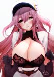  1girl artist_name azur_lane black_bra black_gloves bra breast_squeeze breasts center_opening cleavage coat eyebrows_visible_through_hair fur-trimmed_coat fur_trim gloves hachimitsu_hinako hair_between_eyes hat huge_breasts long_hair looking_at_viewer peaked_cap pink_hair simple_background solo standing underwear upper_body very_long_hair volga_(azur_lane) white_background white_coat white_headwear yellow_eyes 