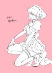  1boy 302 alternate_costume crossdressing enmaided gloves half_gloves highres leg_garter lio_fotia maid maid_headdress monochrome otoko_no_ko promare puffy_short_sleeves puffy_sleeves short_hair short_sleeves sidelocks solo squatting thighhighs 