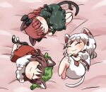  3girls :3 animal_ear_fluff animal_ears barefoot black_bow bow braid brown_hair cat_ears cat_tail chen chibi closed_mouth dress earrings eyebrows_visible_through_hair full_body goutokuji_mike green_dress green_headwear hair_bow hat jewelry kaenbyou_rin long_sleeves mob_cap multiple_girls multiple_tails nekomata puffy_long_sleeves puffy_sleeves red_dress red_hair rokugou_daisuke short_hair single_earring sleeping tail touhou twin_braids twintails two_tails 