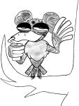  2020 anthro avian beak bird container cup double_bun drugs feathers fluffy gesture hair half-closed_eyes hi_res icon majora&#039;s_mask male markhor_(artist) monochrome narrowed_eyes nintendo plant simple_background solo spots spotted_body stoned straw substance_intoxication tail_feathers takkuri_(majora&#039;s_mask) talons the_legend_of_zelda tree video_games wave waving white_background 