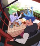  2boys 302 black_gloves blue_hair copyright_name earrings fire_helmet food galo_thymos gloves green_hair half_gloves highres holding holding_food holding_pizza jewelry lio_fotia looking_at_viewer looking_back male_focus multiple_boys pizza pizza_slice promare purple_eyes rat sidelocks vinny_(promare) 