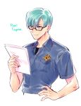  1boy 302 badge blue_eyes blue_hair glasses hand_on_hip highres holding holding_paper male_focus paper police police_uniform promare reading remi_puguna solo uniform upper_body 