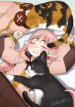  animal baggy_clothes baggy_pants black_cat button_eyes cat closed_eyes coat drooling fate/grand_order fate_(series) habetrot_(fate) hirai_yukio long_hair lying on_back pants pink_coat pink_hair pink_headwear pointy_ears sleeping zzz 
