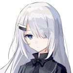  1girl black_dress canon_(aria) dress hair_ornament hair_over_one_eye hairclip long_hair looking_at_viewer noir_(noworld) noworld upper_body virtual_youtuber white_background white_hair 