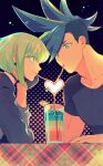  2boys 302 blue_eyes blue_hair crazy_straw cup drinking_straw eyes_visible_through_hair galo_thymos green_hair heart_straw highres lio_fotia male_focus multiple_boys promare purple_eyes shared_drink shared_straw sharing_food sidecut sidelocks spiked_hair 