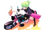  1boy 302 alternate_hairstyle anime_coloring black_gloves cat gloves green_hair ground_vehicle hair_up half_gloves highres jacket jewelry leather leather_jacket lio_fotia male_focus motor_vehicle motorcycle promare purple_eyes ring short_ponytail solo wedding_band 