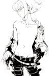  1boy 302 gloves greyscale groin half_gloves highres jacket lio_fotia male_focus monochrome off_shoulder partially_undressed promare sidelocks solo topless_male 