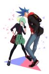  2boys 302 anime_coloring bag black_jacket blue_eyes blue_hair casual clothes_around_waist denim galo_thymos gloves green_hair half_gloves handbag hands_in_pockets highres hood hoodie jacket jeans lio_fotia male_focus multiple_boys pants promare purple_eyes shirt shirt_around_waist 