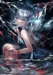  1girl absurdres alternate_costume blue_bow blue_dress blue_eyes blue_hair blush bow cirno dress fairy hair_between_eyes hair_bow highres ice ice_wings open_mouth partially_submerged short_hair sleeveless sleeveless_dress smile solo touhou water wings yukia_(yukia_777) 
