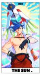  1boy 302 blue_eyes blue_hair detached_sleeves galo_thymos gloves highres male_focus matoi promare single_detached_sleeve solo spiked_hair sun tarot topless_male 