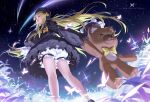  1girl abigail_williams_(fate) artstation_logo bangs black_bow black_dress blonde_hair bloomers blue_eyes bow bug chinese_commentary dress fate/grand_order fate_(series) forehead from_above hair_bow highres long_hair long_sleeves looking_at_viewer multiple_bows multiple_hair_bows night night_sky orange_bow parted_bangs polka_dot polka_dot_bow purple_bow shooting_star sky sleeves_past_fingers sleeves_past_wrists solo star_(sky) starlab starry_sky stuffed_animal stuffed_toy teddy_bear underwear very_long_hair white_bloomers 