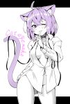  1girl ;3 ahoge animal_ear_fluff animal_ears bangs breasts cat_ears cat_girl cat_tail crossed_bangs finger_to_mouth hair_between_eyes highres hololive index_finger_raised letterboxed looking_at_viewer medium_breasts navel nekomata_okayu one_eye_closed purple_eyes purple_hair shirt short_hair solo standing tail thighs tsunde_leon virtual_youtuber white_shirt 