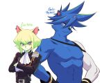  2boys 302 ascot blue_eyes blue_hair brand_new_animal crossed_arms detached_sleeves furry furry_male galo_thymos green_hair jacket leather leather_jacket lio_fotia multiple_boys promare purple_eyes single_detached_sleeve spiked_hair topless_male 