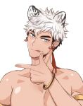  1boy absurdres animal_ears armband bara bare_pectorals blackkdogg blue_eyes bracelet ear_piercing highres jewelry licking looking_at_viewer male_focus muscular muscular_male original pectoral_cleavage pectorals piercing tiger_boy tiger_ears topless topless_male white_hair 