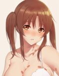  1girl :d bandaid bangs bare_shoulders blush bra breasts brown_hair character_request cleavage close-up collarbone commentary eyebrows_visible_through_hair forehead kirou_(kiruyuu1210) long_bangs looking_at_viewer medium_hair open_mouth original parted_bangs parted_lips short_twintails simple_background smile solo twintails underwear upper_body white_background white_bra yellow_eyes 