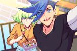  2boys 302 anime_coloring blue_eyes blue_hair casual dango food food_on_face galo_thymos green_hair lio_fotia male_focus multiple_boys promare purple_eyes selfie spiked_hair wagashi 