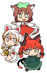  3girls :3 :d ? bangs black_bow bow bowtie braid brown_hair cat_tail chen chibi dress eyebrows_visible_through_hair fang full_body goutokuji_mike green_dress hair_bow hair_ribbon highres ini_(inunabe00) kaenbyou_rin looking_at_viewer looking_to_the_side multicolored_hair multiple_girls multiple_tails nekomata open_mouth outstretched_arms red_hair ribbon simple_background skin_fang smile streaked_hair tail touhou tress_ribbon twin_braids twintails two_tails v-shaped_eyebrows white_background white_bow white_bowtie 