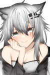 1girl animal_ear_fluff animal_ears arknights bangs bare_shoulders black_jacket blush breasts cleavage collarbone commentary eyebrows_visible_through_hair grey_eyes hair_between_eyes hair_ornament hairclip head_rest head_tilt highres jacket kouyadoufu lappland_(arknights) long_hair looking_at_viewer off_shoulder silver_hair simple_background smile solo strapless tube_top upper_body white_background wolf_ears 
