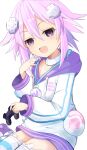  1girl :d absurdres bimmy blush controller d-pad d-pad_hair_ornament hair_between_eyes hair_ornament hand_to_own_mouth hands_up highres holding holding_controller hood hooded_jacket jacket looking_at_viewer medium_hair neptune_(neptune_series) neptune_(series) purple_eyes purple_hair simple_background sitting smile smug solo striped striped_legwear thighhighs white_background 