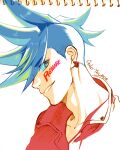  1boy 302 blue_eyes blue_hair body_writing copyright_name earrings eyes_visible_through_hair facepaint galo_thymos grin highres jewelry male_focus mixed_media profile promare sidecut smile solo spiked_hair 