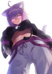  1girl :3 ahoge animal_ears black_jacket breasts cat_ears cat_girl cat_tail commentary_request eyebrows_visible_through_hair fang from_below hair_between_eyes highres hololive jacket large_breasts long_sleeves looking_at_viewer nekomata_okayu pants purple_eyes purple_hair short_hair simple_background smile solo tail tsunde_leon underboob virtual_youtuber white_background white_pants 
