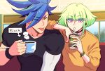  2boys 302 anime_coloring blue_hair choker coffee coffee_cup coffee_mug cup disposable_cup drinking drinking_straw galo_thymos green_hair lio_fotia male_focus mug multiple_boys promare purple_eyes shirt sidecut spiked_hair t-shirt tongue tongue_out 