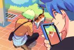  2boys 302 anime_coloring bag blue_eyes blue_hair casual cat cellphone clothes_around_waist galo_thymos green_hair handbag lio_fotia male_focus multiple_boys outdoors overskirt phone plaid promare shirt shirt_around_waist smartphone spiked_hair undercut 