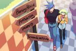  2boys 302 anime_coloring arm_around_shoulder black_jacket blue_eyes blue_hair clothes_around_waist galo_thymos green_hair jacket lio_fotia male_focus multiple_boys promare purple_eyes road_sign shirt shirt_around_waist sign spiked_hair t-shirt walking 