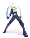  1boy 302 ascot biker_clothes black_gloves black_jacket fire from_below gloves green_fire green_hair highres jacket leather leather_jacket leather_pants lio_fotia male_focus pants promare purple_eyes purple_fire pyrokinesis solo 