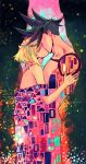  2boys 302 blonde_hair blue_hair detached_sleeves fine_art_parody fire galo_thymos green_hair gustav_klimt gustav_klimt_(style) head_wreath highres kiss kissing_cheek lio_fotia male_focus multiple_boys parody promare single_detached_sleeve spiked_hair the_kiss topless_male yaoi 