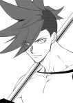  1boy 302 galo_thymos gloves greyscale halftone highres holding holding_polearm holding_weapon male_focus monochrome polearm portrait promare red_pupils solo spiked_hair spot_color weapon 