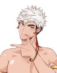  1boy absurdres armband bara bare_pectorals blackkdogg blue_eyes bracelet ear_piercing highres jewelry licking looking_at_viewer male_focus muscular muscular_male original pectoral_cleavage pectorals piercing topless topless_male white_hair 