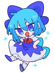  1girl blue_bow blue_dress blue_eyes blue_hair bow cirno dress highres neck_ribbon op_na_yarou red_neckwear ribbon shoes short_hair socks solo touhou 