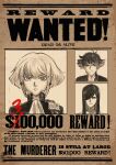  302 3boys black_jacket blue_hair english_text hair_over_one_eye highres jacket lio_fotia long_hair mad_burnish male_focus meis_(promare) monochrome multiple_boys poster_(object) promare sepia spot_color wanted 
